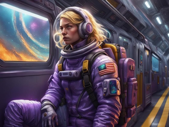 Girl in space suit and with blonde hair wearing a backpack in a Space ship train