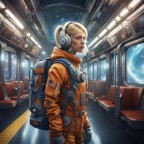 Girl in space suit and with blonde hair wearing a backpack in a Space ship train